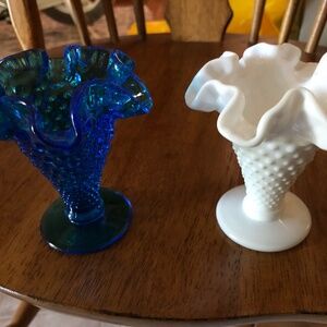 Blue and white hobnail vases